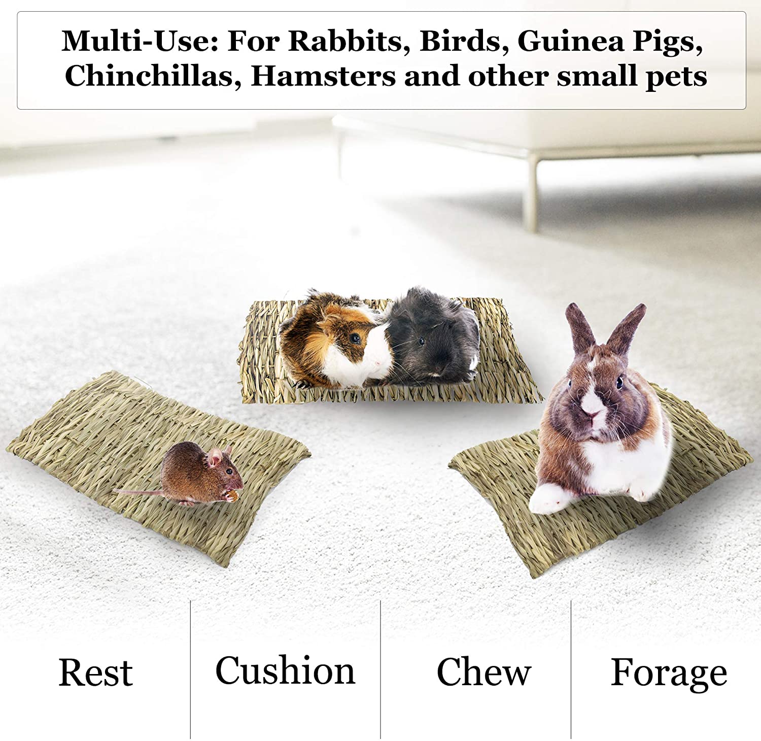 BLSMU Rabbit Hay Mat,Portable Woven Natural Grass Bed with Bedding Activity Toys Chew Grass Ball for Bunny Hamster Chinchillas Guinea Pig Mice Gerbil Ferret 3 Pack 