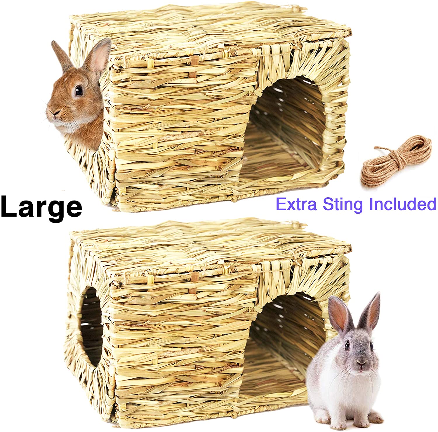 Tfwadmx Rabbit Grass House,Natural Hand Woven Seagrass Play Hay Bed Tunnel Bunny Hideaway Hut Toy for Gerbil Guinea Pig Chinchilla Ferret Rat 3 Balls+Bed 